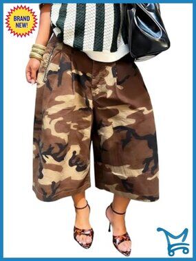 Women Camo Cargo Pants Wide Leg High Waist Cropped Capris Army Fatigue Bermuda